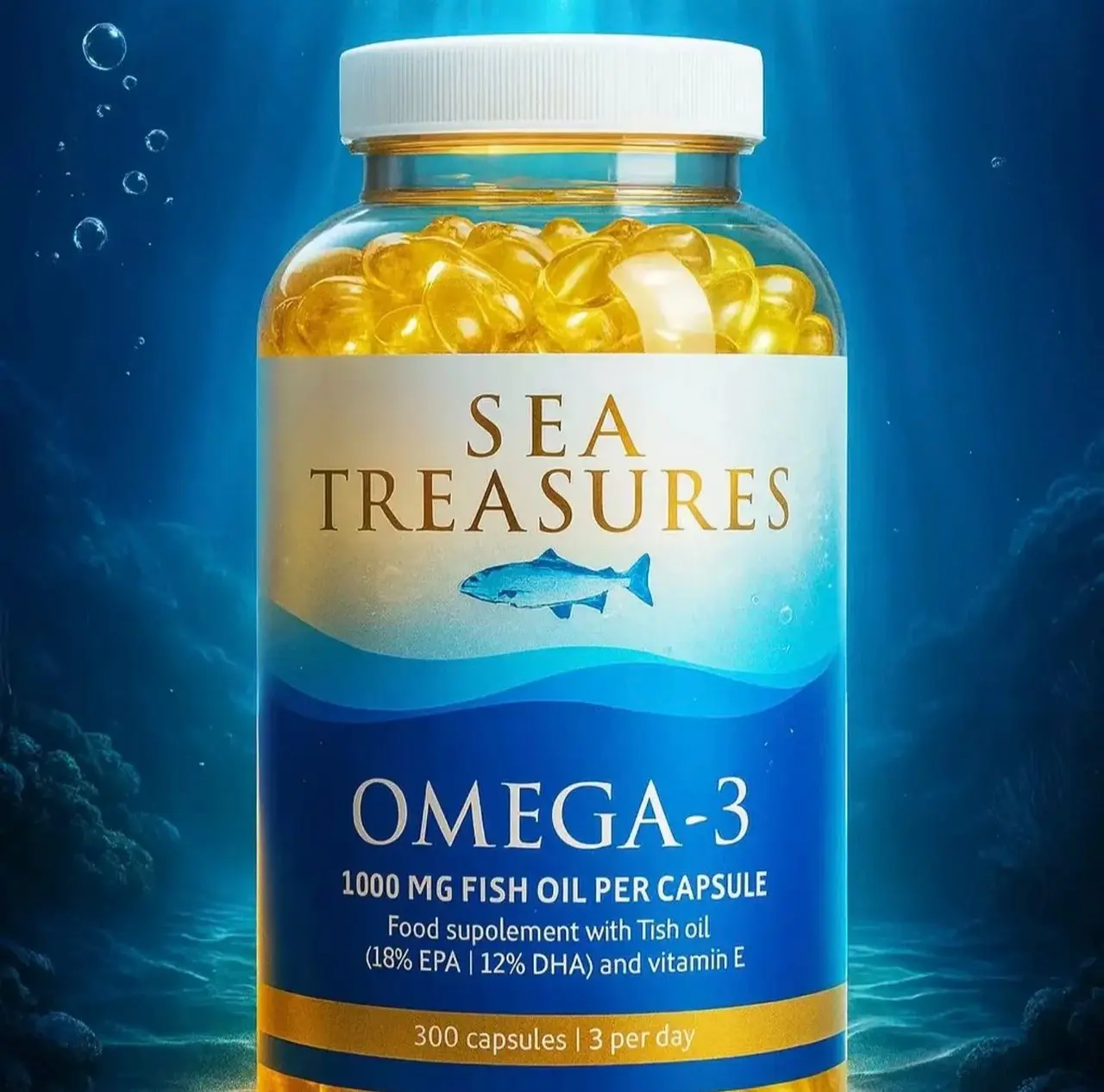 OMEGA-3 SEA TREASURES 1000MG FISH OIL 180MG EPA 120MG DHA 3MG VITAMIN E 300 CAPSULES